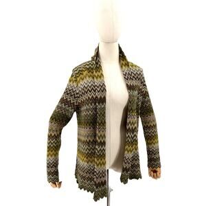 Vintage 90s Beyond Threads Green Brown Chevron Zigzag Shawl Collar Cardigan